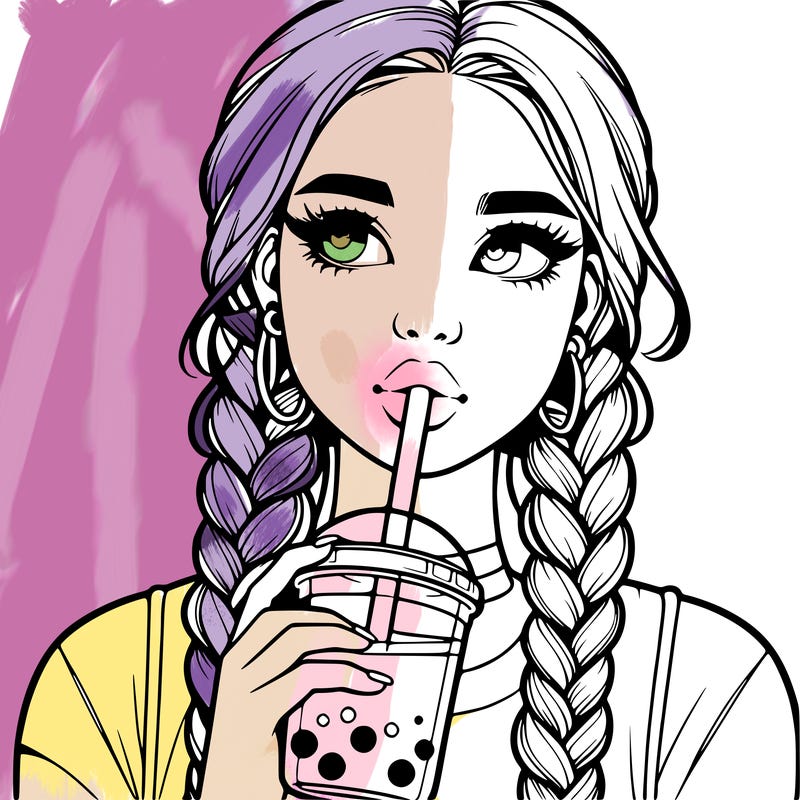 realistic girl with braided hair drinking boba