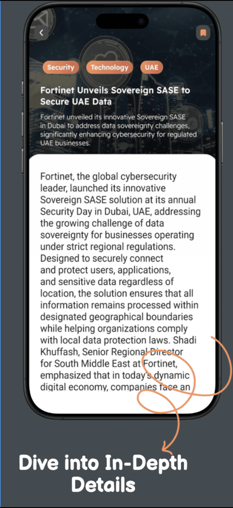 Sentinel Report - Interfaz de la aplicación móvil Sentinel Report que muestra un artículo de noticias detallado con categorías de seguridad y tecnología