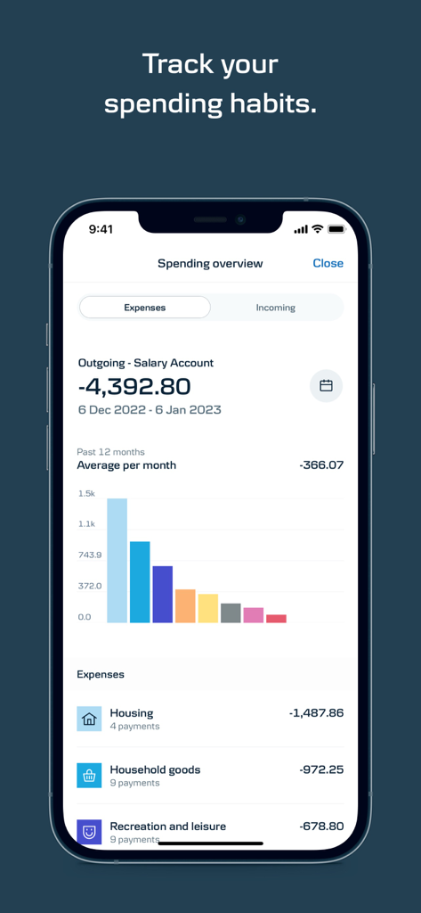 Mobile Bank UK – Danske Bank - Mobile app screen showing a spending overview with a bar chart and categorized expenses like housing and household goods