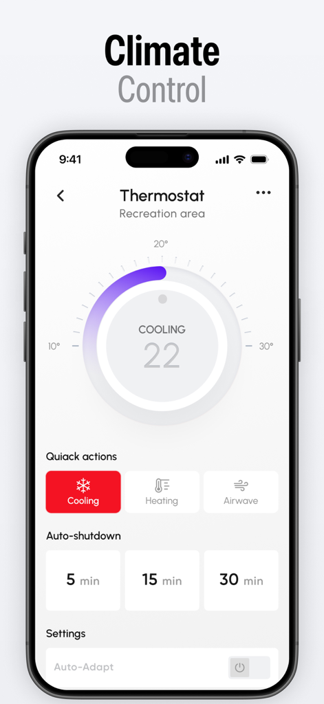 Smart Home: Remote Control App - Interfaz de termostato digital en un smartphone que muestra ajustes de enfriamiento y temporizadores de apagado automático para la gestión del hogar inteligente