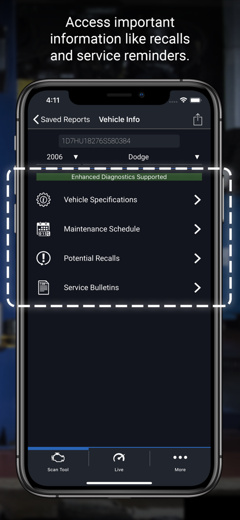 BlueDriver app screen showing vehicle specifications maintenance schedule and potential recalls for a car