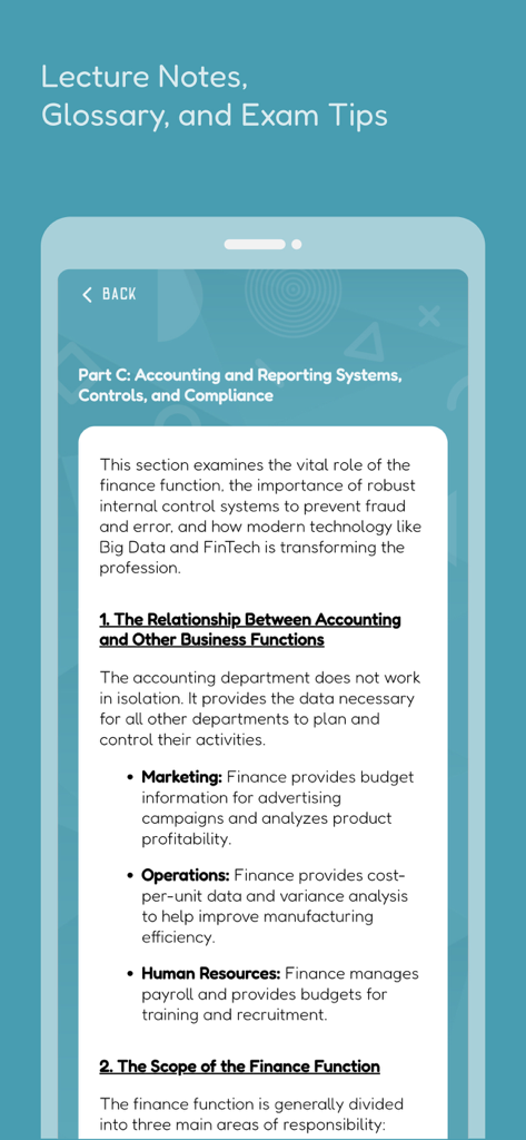 ACCA QUIZ: All-in-One - Interfaz de la app ACCA Quiz que muestra apuntes de contabilidad y material de estudio.