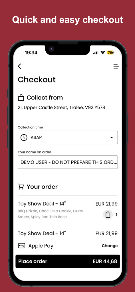 Eskimo Pizza App - A mobile phone displaying the Eskimo Pizza App checkout page with order summary and Apple Pay option