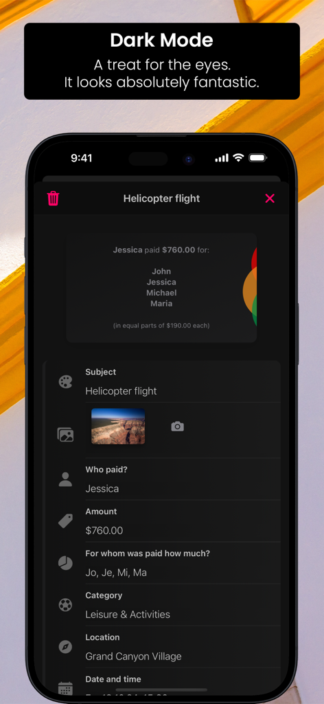 Cashinator - Split the bills - Interface do aplicativo Cashinator em modo escuro mostrando informações detalhadas de despesas para um voo compartilhado de helicóptero