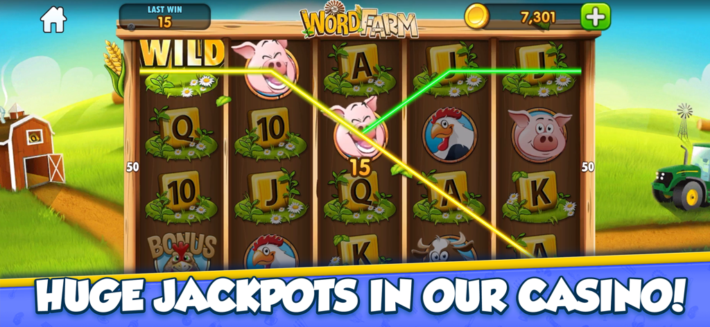 GamePoint Bingo Games of Bingo - Word Farm slot machine mini game in GamePoint Bingo featuring farm animal symbols and huge jackpot text