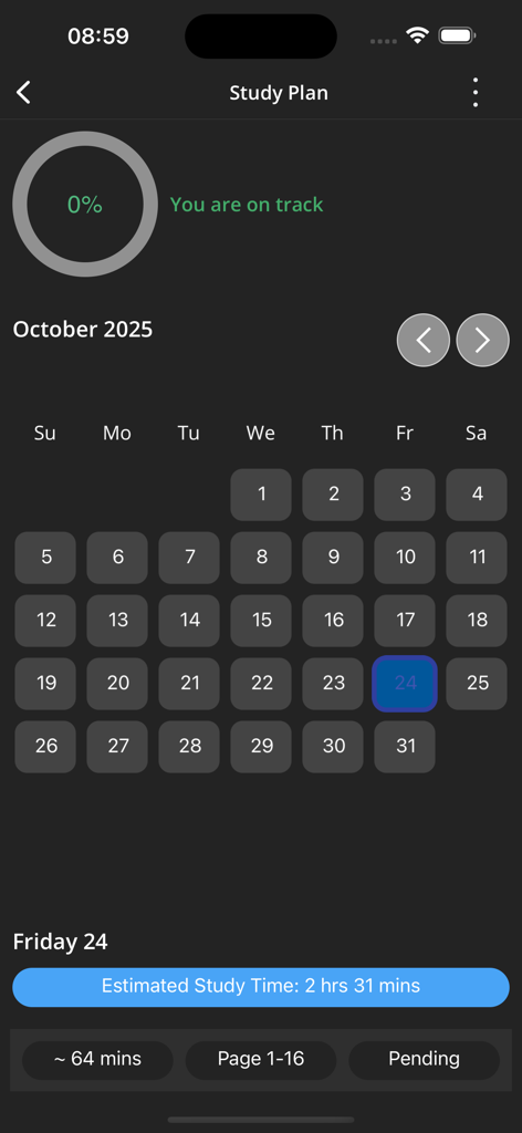 O3SCHOOLS JAMB APP - Interfaz de una aplicación móvil que muestra un calendario de plan de estudios con tiempos de estudio estimados y seguimiento del progreso para el examen JAMB.