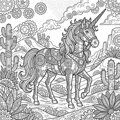 Unleash your creativity with this extraordinary steampunk desert unicorn coloring page. Explore a fantastical realm where mechanical marvels meet mythical beasts amidst a rugged, arid landscape.
