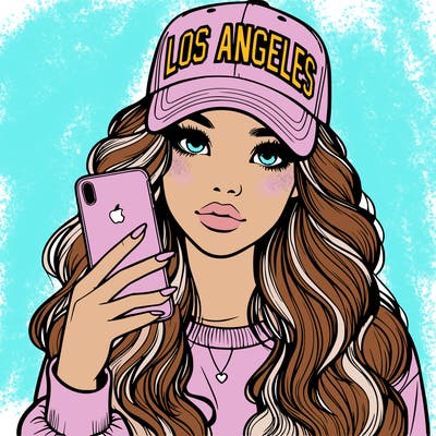 realistic beautiful girl wearing los ángeles cap holding an iphone