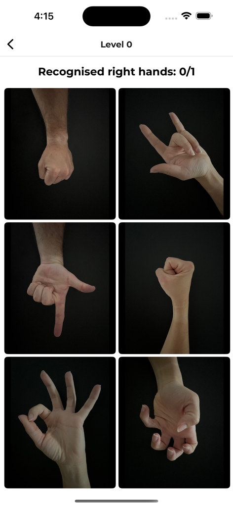 Nimble: Brain Rehabilitation - Una interfaz de aplicación de rehabilitación cerebral que muestra una cuadrícula de seis gestos de mano diferentes para ayudar a los usuarios a reconocer manos derechas e izquierdas.