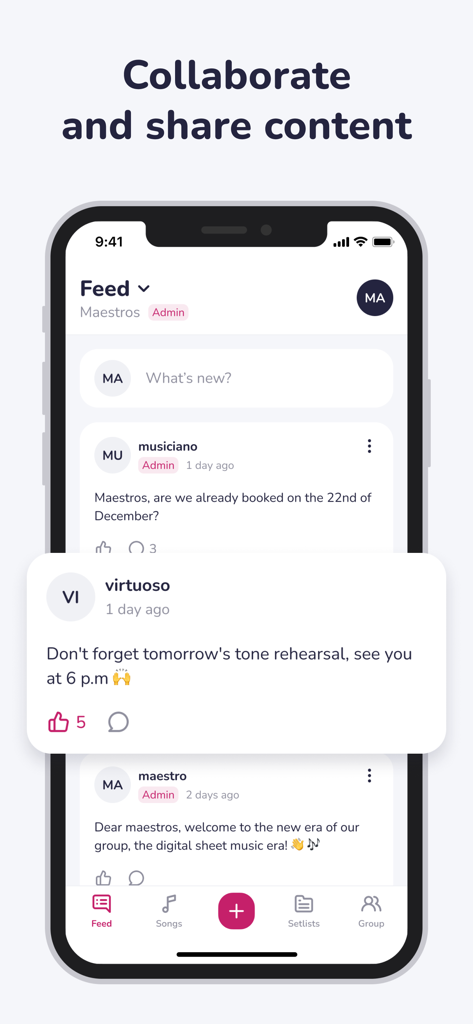 Maestro Amadeus - Sheet Music - Maestro Amadeus App-Bildschirm zeigt einen Kollaborations-Feed, in dem Musiker Nachrichten und Proben-Updates teilen können