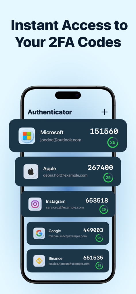Authenticator App: 2FA OTP - iPhone-Bildschirm mit der Authenticator App-Oberfläche und mehreren 2FA-OTP-Codes für Konten wie Microsoft, Apple und Google.