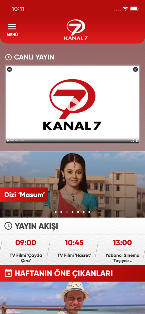 Kanal7 - Screenshot of Kanal 7 mobile app showing live stream options, Turkish drama promotions, and TV program schedule.