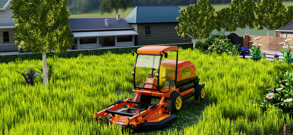 Grass Cutting Game - An orange riding lawn mower in a field of tall green grass with suburban houses in the background