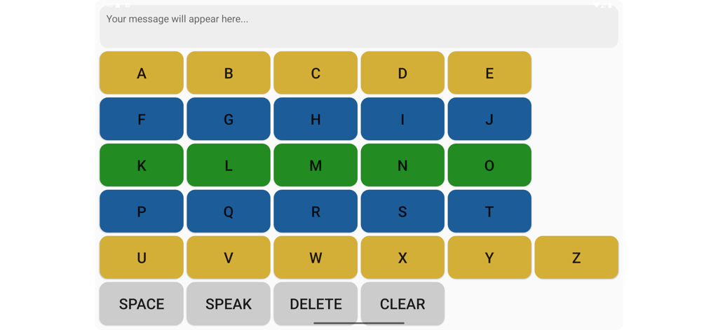 LetterBoard Digital - Interfaz de la aplicación LetterBoard Digital con botones de abecedario coloridos y una función de hablar para la comunicación de texto a voz