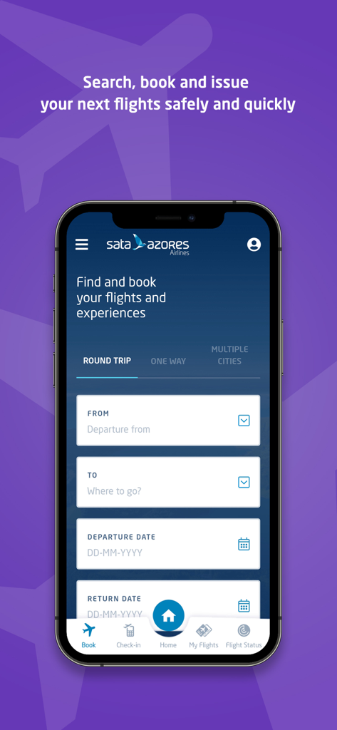 SATA Azores Airlines - Interfaccia dell'app mobile per la prenotazione di voli su SATA Azores Airlines che mostra i campi di ricerca per un viaggio di andata e ritorno