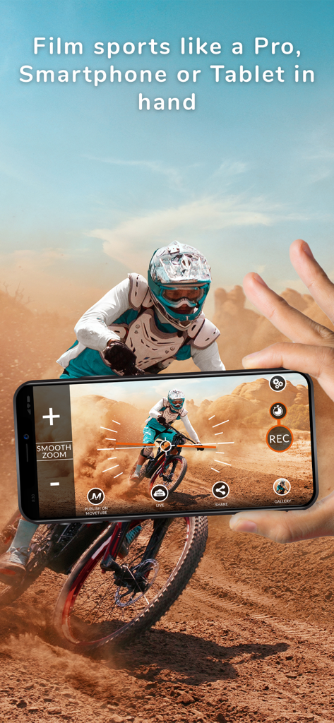 PIXEM Camera - A person filming a mountain biker with the PIXEM Camera app on a smartphone