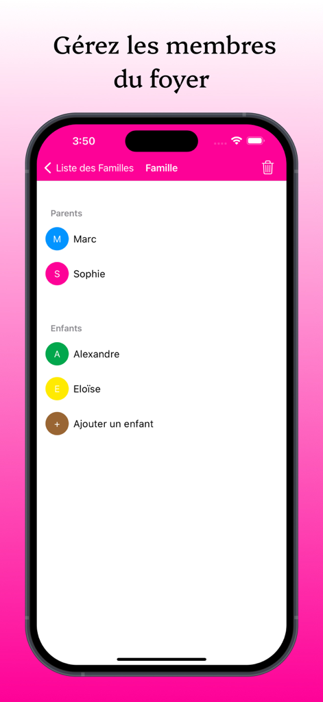 KidCal: Co-Parent Calendar App - Interface showing family members management including parents and children in the KidCal co-parenting app