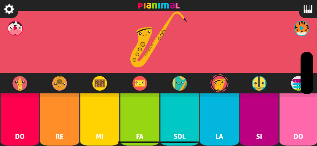 A colorful kids piano interface with a cartoon saxophone and rainbow musical keys