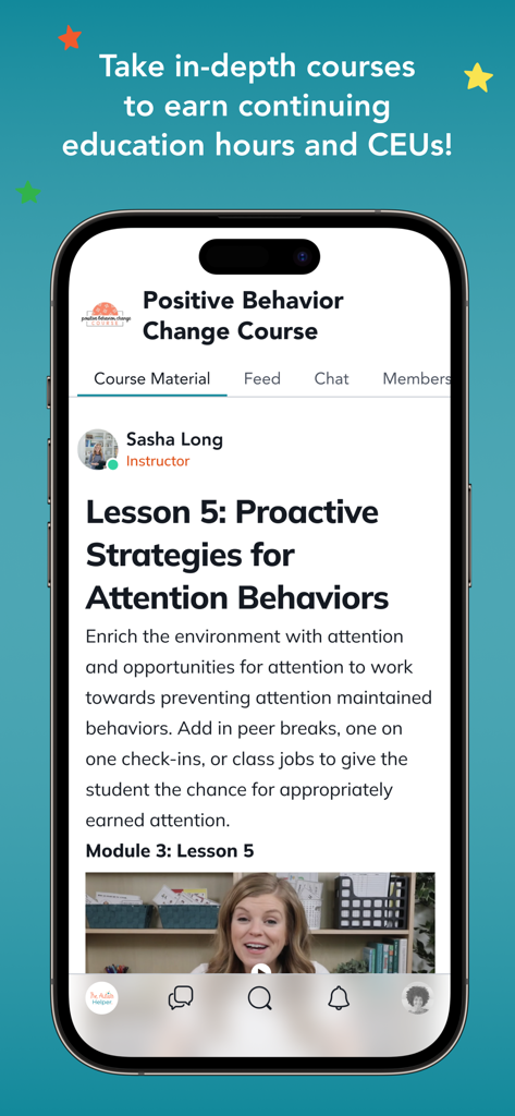 Mobile screen of The Autism Helper app showing a professional development course on behavior change strategies led by Sasha Long.