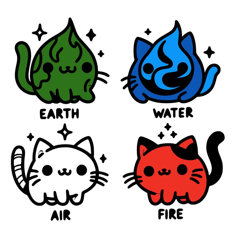 4 cats that represent the different elements, earth, water, air, and fire