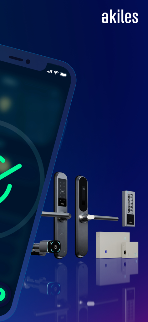 Smartphone displaying the Akiles app alongside various smart door locks and access control hardware.