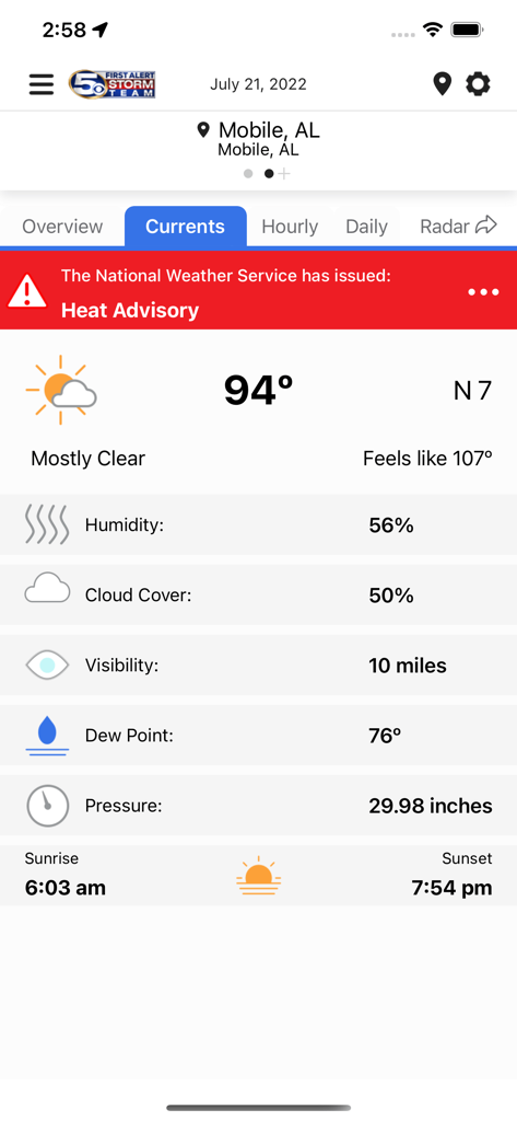WKRG Weather - Screenshot of the WKRG Weather app showing current conditions and a heat advisory for Mobile Alabama