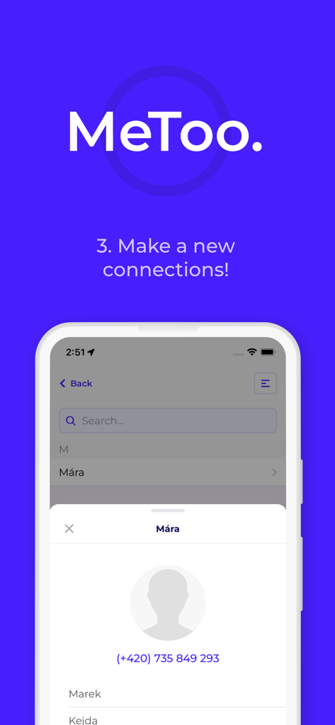 MeToo Connect - MeToo Connect app interface showing contact details for a new connection including a phone number