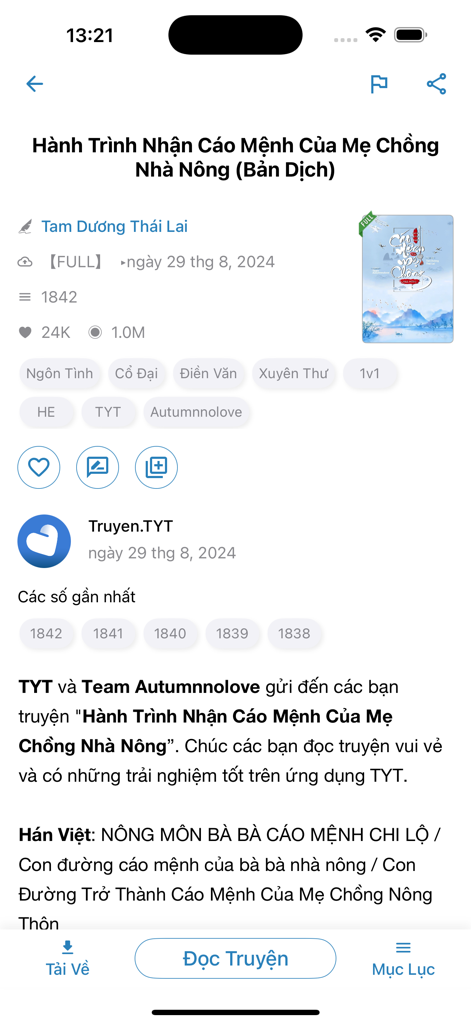 TYT - Truyện Full & Offline - Página de detalhes de uma web novel vietnamita no aplicativo TYT mostrando informações da história e opções de leitura
