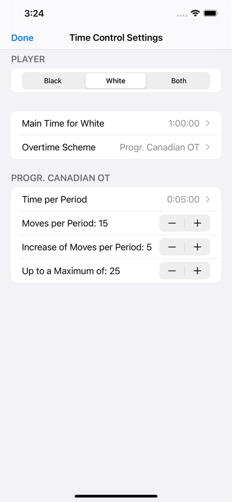 Game Clock (Chess, Go, Shogi) - Pantalla de configuración de control de tiempo en la aplicación Game Clock mostrando la configuración de tiempo adicional canadiense progresivo para un jugador blanco.