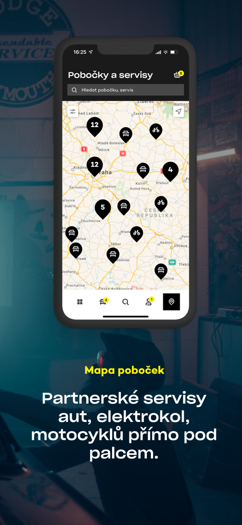 Auto Kelly app interface displaying a map with service branch locations for cars, e-bikes, and motorcycles.