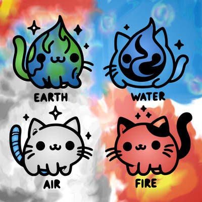 4 cats that represent the different elements, earth, water, air, and fire