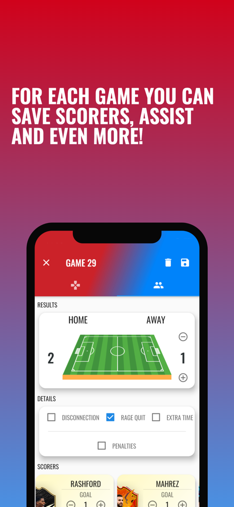 FUT Scoreboard - Track & Alert - Mobile app interface of FUT Scoreboard showing match results and player stat tracking for goal scorers