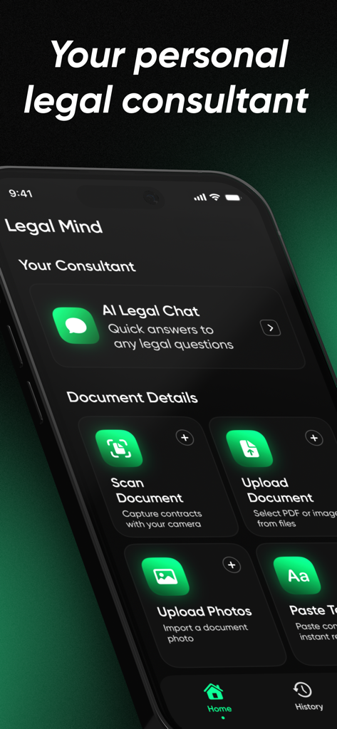 리걸 마인드 앱 홈 화면, AI 법률 채팅 및 법률 문서 스캔 또는 업로드 옵션 표시