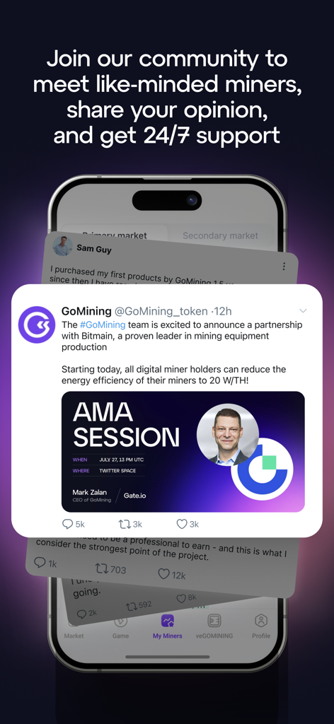 GoMining - Mining App - Un écran d'application mobile pour GoMining montrant un flux social avec des mises à jour de la communauté et des nouvelles de partenariats de minage de cryptomonnaies.
