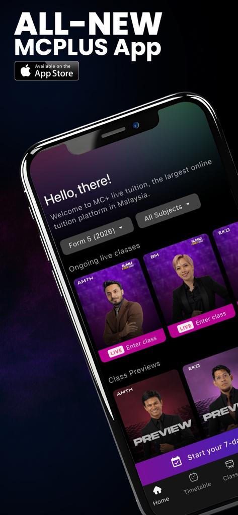 MCPLUS mobile app home screen showing ongoing live tuition classes with tutor profiles and subject filters
