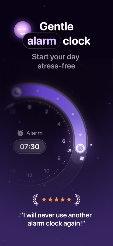 Wonderwake: Gentle Alarm Clock - Interfaz de la aplicación Wonderwake que muestra un reloj despertador circular minimalista con un testimonio de usuario de cinco estrellas