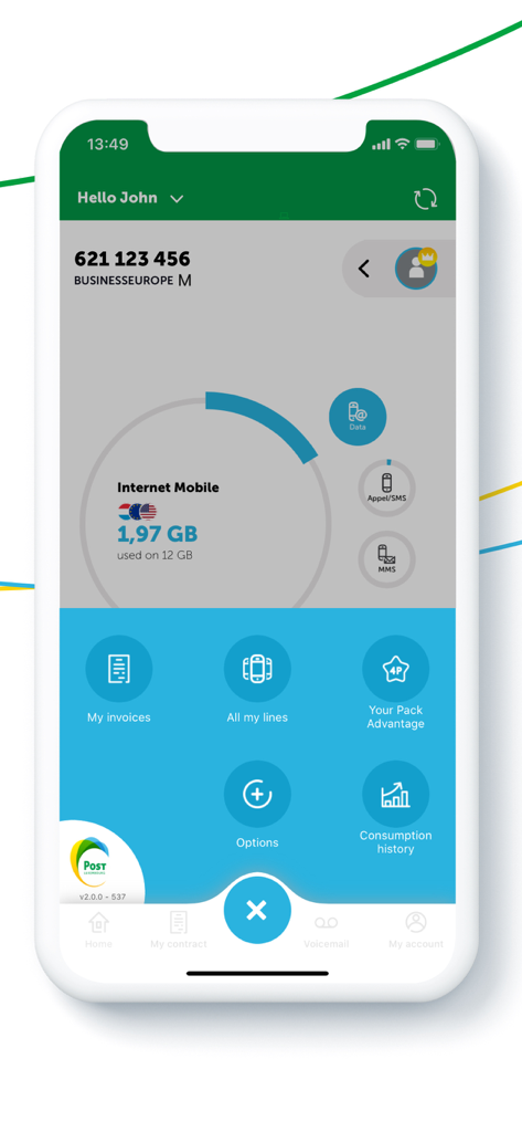 Panel de control de la aplicación MyPost Telecom Mobile que muestra el seguimiento del uso de datos móviles en tiempo real y las opciones de gestión de cuenta.