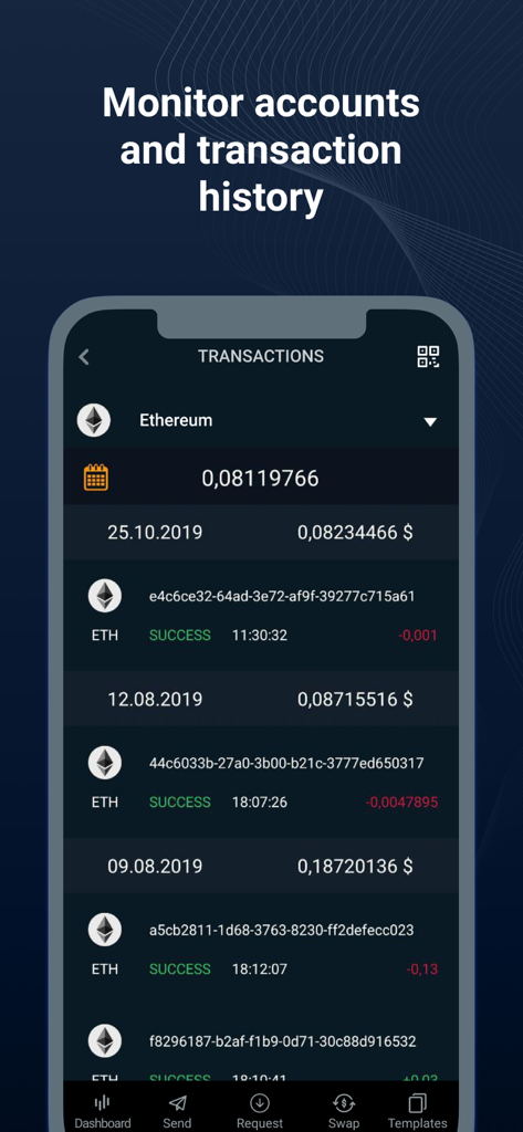 Online Wallet - オンラインウォレットアプリの取引履歴画面。イーサリアムの送金記録が表示されています。