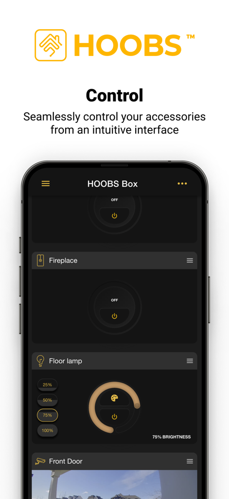 HOOBS mobile app dashboard showing controls for lighting fireplace and security camera
