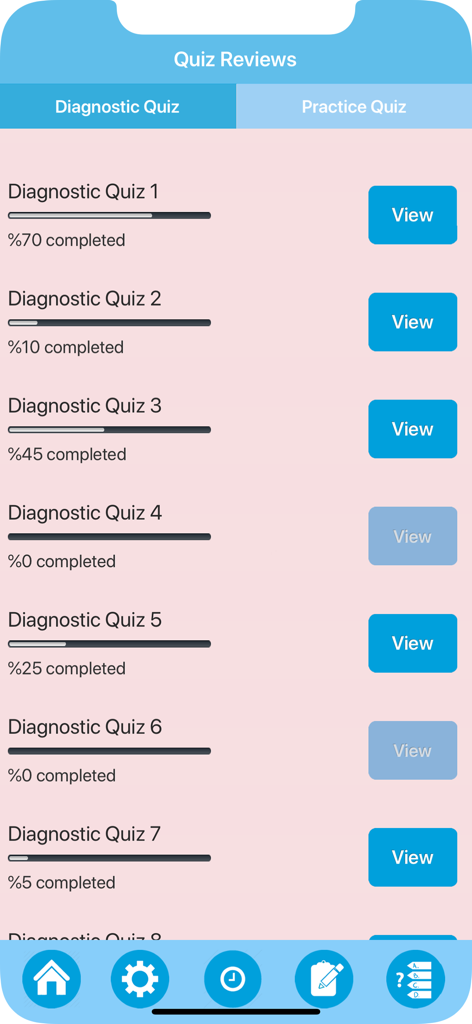 A screen showing a list of diagnostic quizzes for earth science with progress bars and completion percentages.