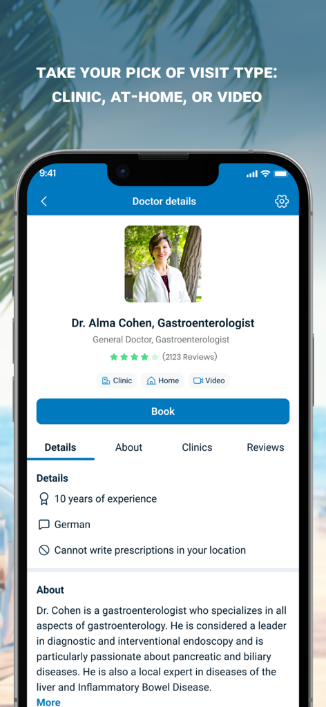 Air Doctor app screen showing a doctor profile with options for clinic home or video consultations