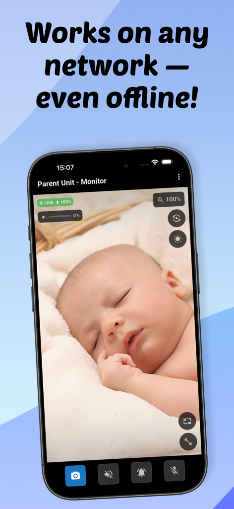 Baby Monitor Camera - NannyCam - Smartphone screen showing the NannyCam app interface with a live video feed of a sleeping baby