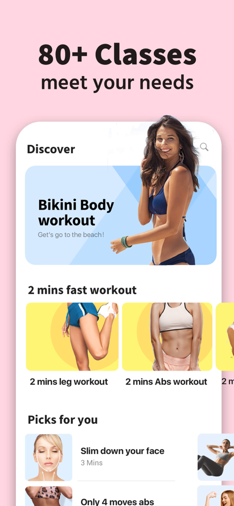 Interface of the Female Fitness app displaying various workout classes including Bikini Body and fast 2-minute exercises