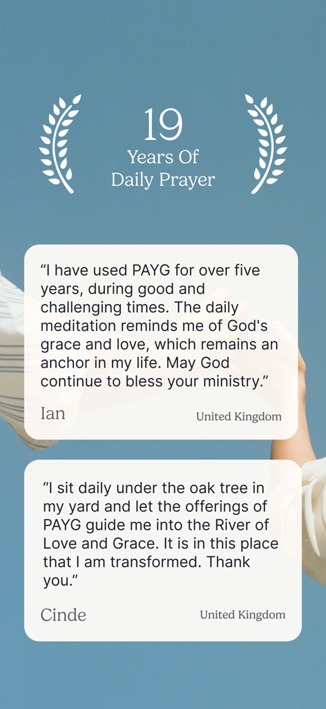 User testimonials and reviews for the Pray As You Go app highlighting 19 years of daily prayer history.