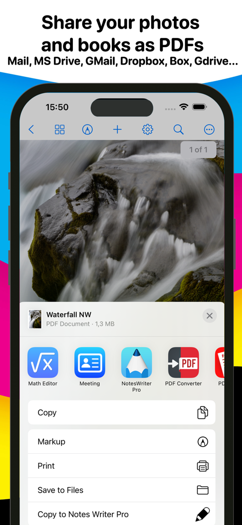 Photo Print - Collage & Resize - Tela do iPhone mostrando um menu de compartilhamento de fotos com opções para imprimir ou compartilhar um álbum de fotos como PDF.