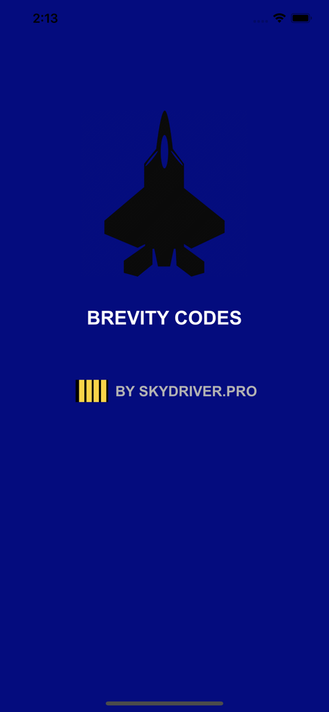 Brevity Code app splash screen with a fighter jet silhouette and blue background