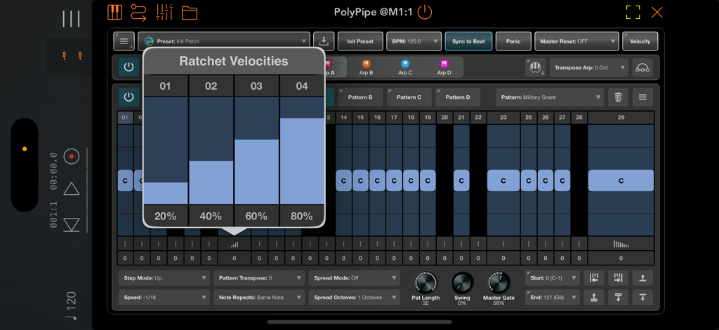 PolyPipe - Interface of PolyPipe music sequencer showing ratchet velocity settings