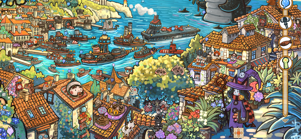 Eine detaillierte handgezeichnete Hafenszene mit Katzen, skurrilen Schiffen und einer Katzenhexe mit lila Hut