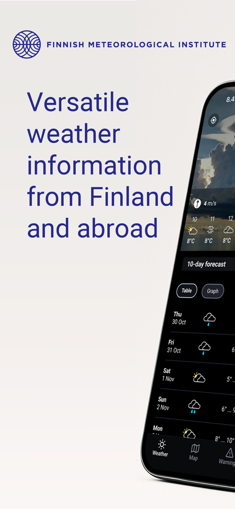 FMI Weather app 10-day forecast screen on a smartphone