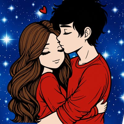 a realistic couple boy and girl hugging and kissing